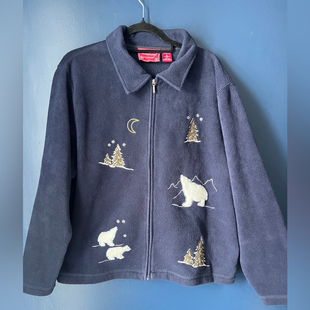 Holiday Lodge Women’s XL Navy Fleece Jacket Full Zip Embroidered Winter